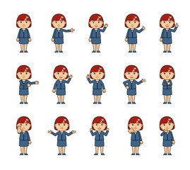 Set of chibi woman characters showing diverse hand gestures. Kawaii businesswoman pointing, greeting, showing thumb up, this way, victory, stop sign and other hand gestures. Simple vector illustration