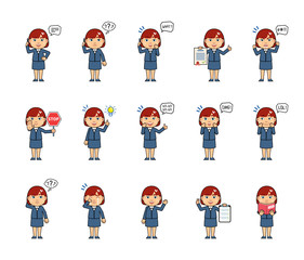 Set of chibi woman characters showing diverse actions, emotions. Kawaii businesswoman talking on phone, reading a book, surprised, angry, thinking and doing other actions. Simple vector illustration