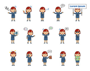 Fototapeta premium Set of chibi woman characters showing diverse actions, emotions. Kawaii businesswoman holding loudspeaker, map, placard, singing, sleeping, tired and doing other actions. Simple vector illustration