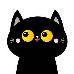 Black cat face head silhouette with yellow eyes. Pink blush cheeks. Funny Kawaii animal. Cute cartoon funny character. Baby card. Pet collection. Flat design. White background. Isolated.