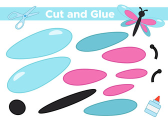 Education paper game for preschool kids. Create the applique cute dragonfly. Cut and glue. Vector illustration.