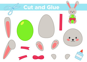 Education paper game for preschool kids. Create the applique cute Easter rabbit with egg. Cut and glue. Vector illustration.