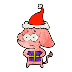 textured cartoon of a unsure elephant with christmas present wearing santa hat