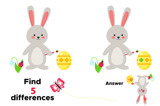 Cute cartoon kawaii bunny paints Easter egg. Educational game for children. Find 5 differences. Spring time. Vector illustration.