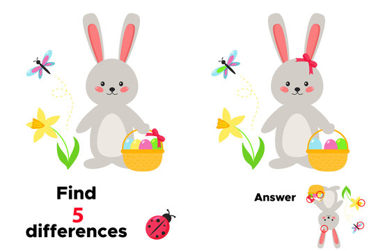 Cute cartoon kawaii rabbit with basket of Easter eggs. Educational game for children. Find 5 differences. Spring flowers - narcissus. Vector illustration.