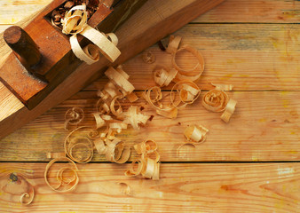 carpenter tools on wood table background