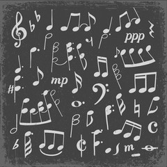 Set of music notes hand drawn cartoon vector illustration. Printed music hand drawn silhouette clipart.