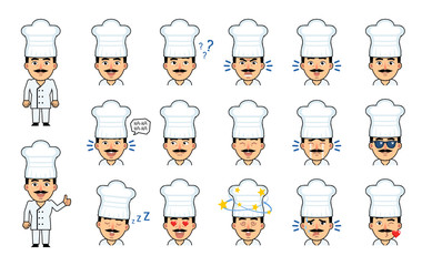 Set of cook emoticons. Funny cook emojis showing diverse facial expressions. Happy, sad, cry, smile, laugh, surprised, tired, dazed, in love and other emotions. Simple vector illustration