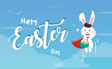 Easter bunny superhero holding easter egg.
