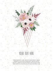 Vector floral design card. Greeting, postcard wedding invite template. Elegant frame with rose and anemone