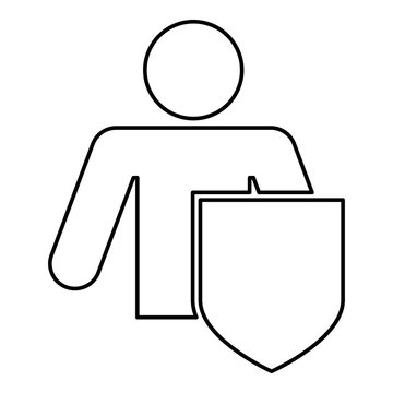 Stick man with shield Protecting personal data concept Man holding shield for reflecting attack Protected from attack idea icon black color outline vector illustration flat style image
