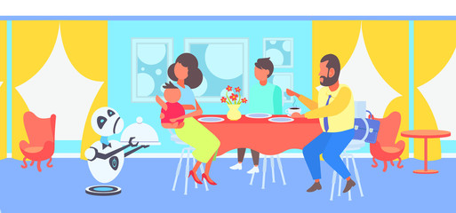 robot waiter serving food to visitors family sitting at restaurant table artificial intelligence concept modern cafe interior horizontal flat full length