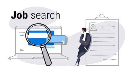 male job applicant leaning on resume using online computer application job search concept hiring website laptop screen sketch doodle horizontal