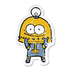 distressed sticker of a happy carton robot with light bulb
