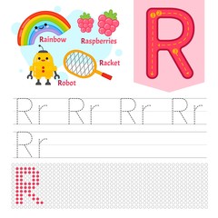Handwriting practice sheet. Basic writing. Educational game for children. Learning the letters of the English alphabet. Letter R.
