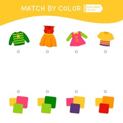 Matching children educational game. Match by colors. Activity for pre sсhool years kids and toddlers. Illustration of clothes.