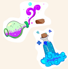 Magical potion in bottles. Colorful vector illustration