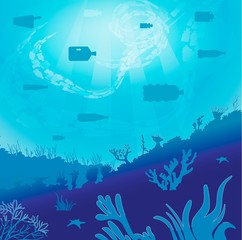 Blue underwater world with plastic bottles instead of fish. Ocean pollution with plastic waste. Vector illustration