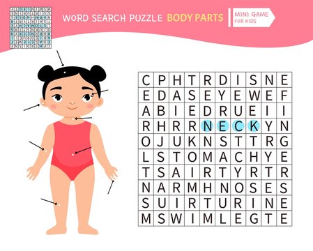 Educational Game For Kids. Word Search Puzzle With Body Parts. Kids Activity Sheet, 