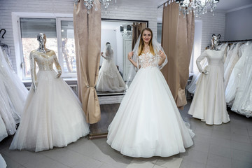 Young smiling bride posing in wedding dress