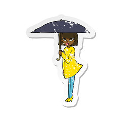 retro distressed sticker of a cartoon woman with umbrella