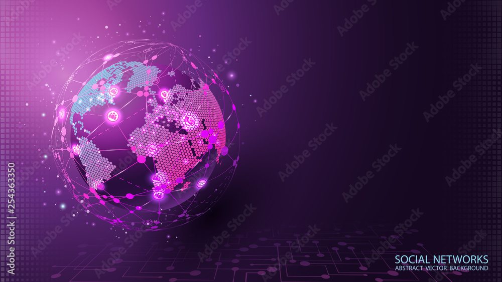 Poster Global social network. Internet and technology. Virtual reality and modern science. Violet futuristic background with planet Earth. Abstract image of dots and lines. Future. Vector. Place for text.