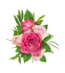 Beautiful pink and white rose flowers with eucalyptus leaves in a floral arrangement