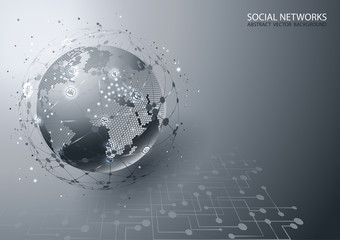 Gray futuristic background. Global social network. Internet and technology. Virtual reality and modern science. Silver planet Earth.  Effect of glow and movement. Future. Vector. Place for text.