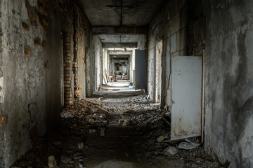 Obraz na płótnie Canvas Abandoned hallway of Pripyat Hospital, Chernobyl Excusion zone 2019