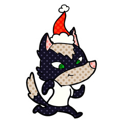 friendly comic book style illustration of a wolf wearing santa hat