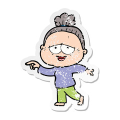 distressed sticker of a cartoon happy old lady