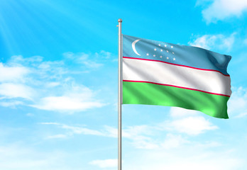Uzbekistan flag waving sky background 3D illustration