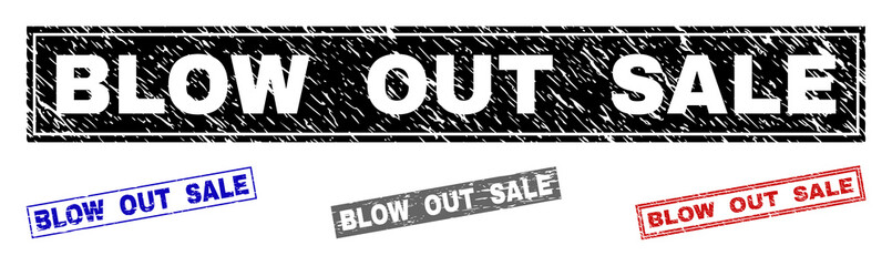 Grunge BLOW OUT SALE rectangle stamp seals isolated on a white background. Rectangular seals with grunge texture in red, blue, black and gray colors.
