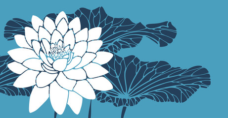 lotus flower with leaves card in blue white shades