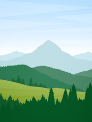 Paysage de dessin animé plat de montagnes d& 39 été verticales avec forêt de pins, collines et pic.