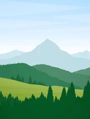 Foto op Plexiglas Verticale zomerbergen platte cartoon landschap met dennenbos, heuvels en piek. © deniskrivoy