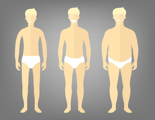 Man in a different forms, set of flat style illustrations. Handsome blonde man in white underwear with excess weight, in normal shape and with underweight