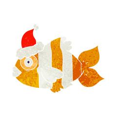retro cartoon of a exotic fish wearing santa hat