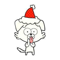 comic book style illustration of a dog with tongue sticking out wearing santa hat
