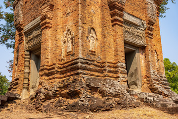 Secondary tower of Bakong temple, Cambodia. Doors and reliefs