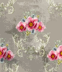 Baroque texture pattern with spring flowers Vector. Floral ornament decoration. Victorian engraved retro design. Vintage fabric decors. Luxury fabrics