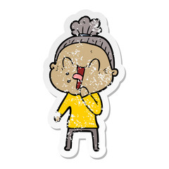 distressed sticker of a cartoon happy old woman