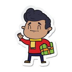 sticker of a happy cartoon man with gift