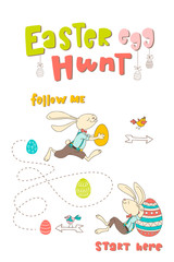 Hand drawn bunny, eggs, birds and lettering phrase Easter Egg Hunt