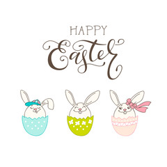 Brush lettering composition of Happy Easter and hand drawn bunny