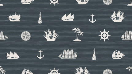 Fototapeta premium Vector seamless background on the theme of sea travel with different sailing ships, compass, anchor, steering wheel and others. Cute sea objects on the dark striped background in retro style