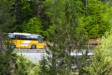 Gelber Bus fährt durch den Wald. Öffentlicher Verkehr in den Bergen.