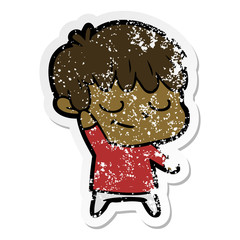 distressed sticker of a happy cartoon boy