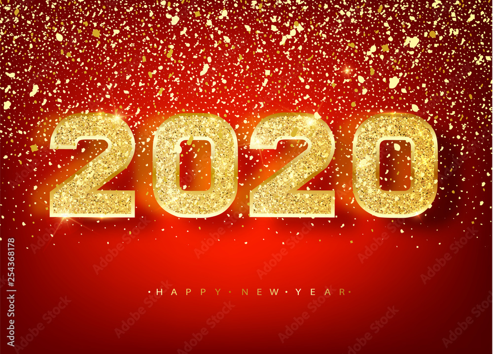 Fototapete 2018 happy new year. gold numbers design of greeting card of falling shiny confetti. gold shining pa