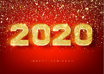 2018 Happy new year. Gold Numbers Design of greeting card of Falling Shiny confetti. Gold Shining Pattern. Happy New Year Banner with 2018 Numbers on red Bright Background. Vector 10 EPS.